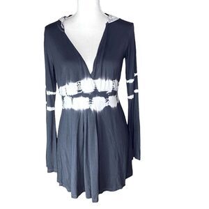 Boston Proper Wm’s Sz Med Gray Tie Dye Long Sleeve Hooded Tunic Cover Up Shirt